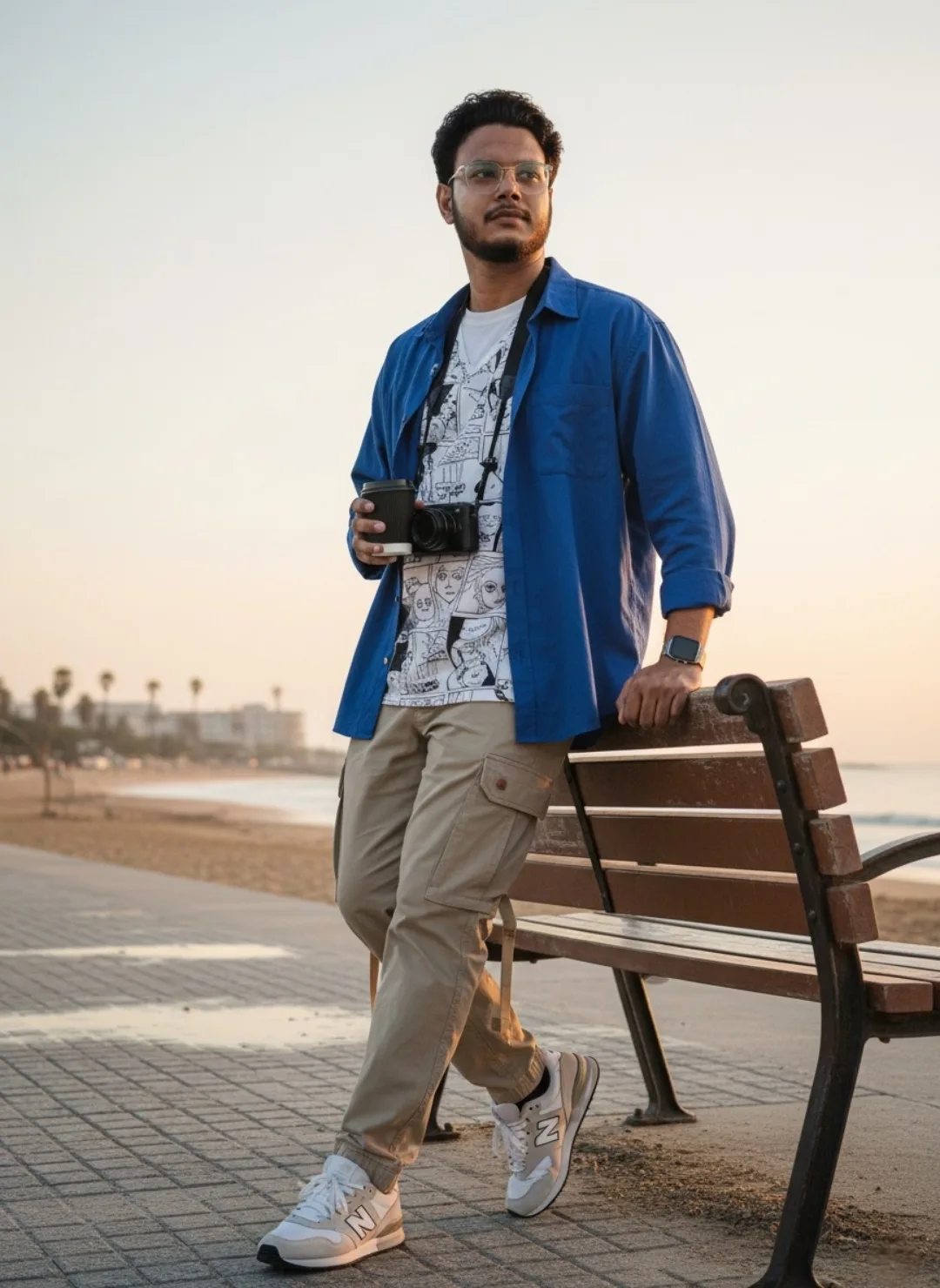 A stylish young man with curly dark hair, a short beard, and clear-framed glasses stands casually on a paved seaside promenade at golden