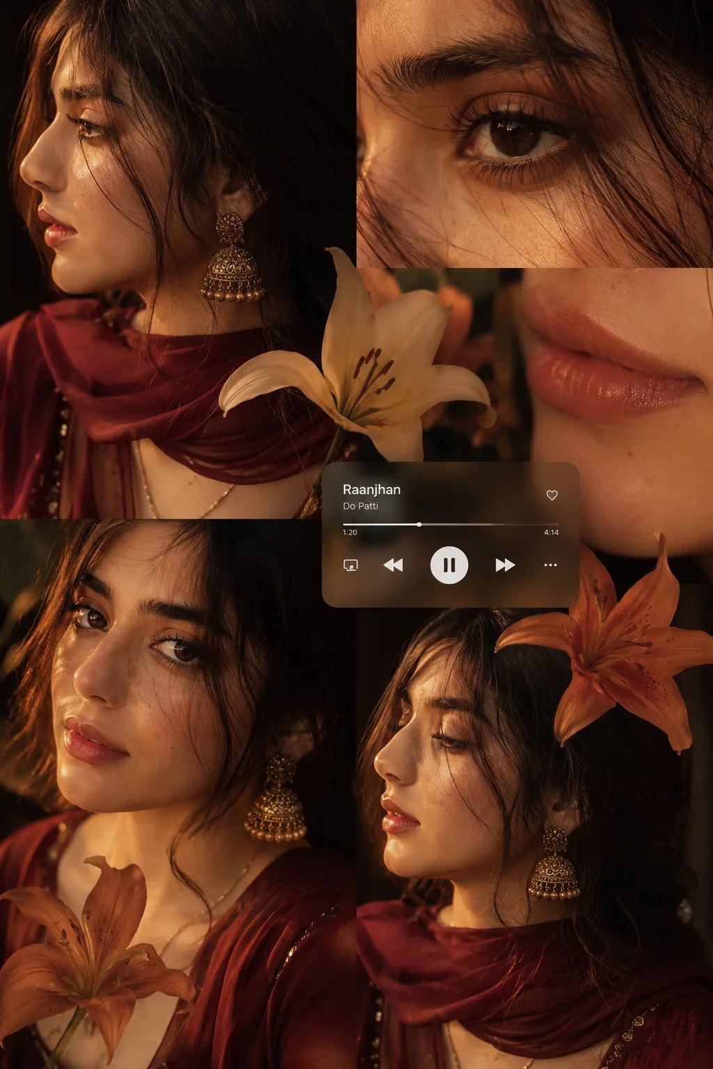 A warm-toned cinematic portrait collage of a young woman with soft glowing skin, subtle freckles, and glossy nude lips.