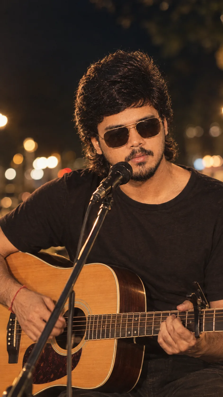 A young Indian man in his late 20s with short curly black hair, light stubble beard and mustache, singing passionately into a black