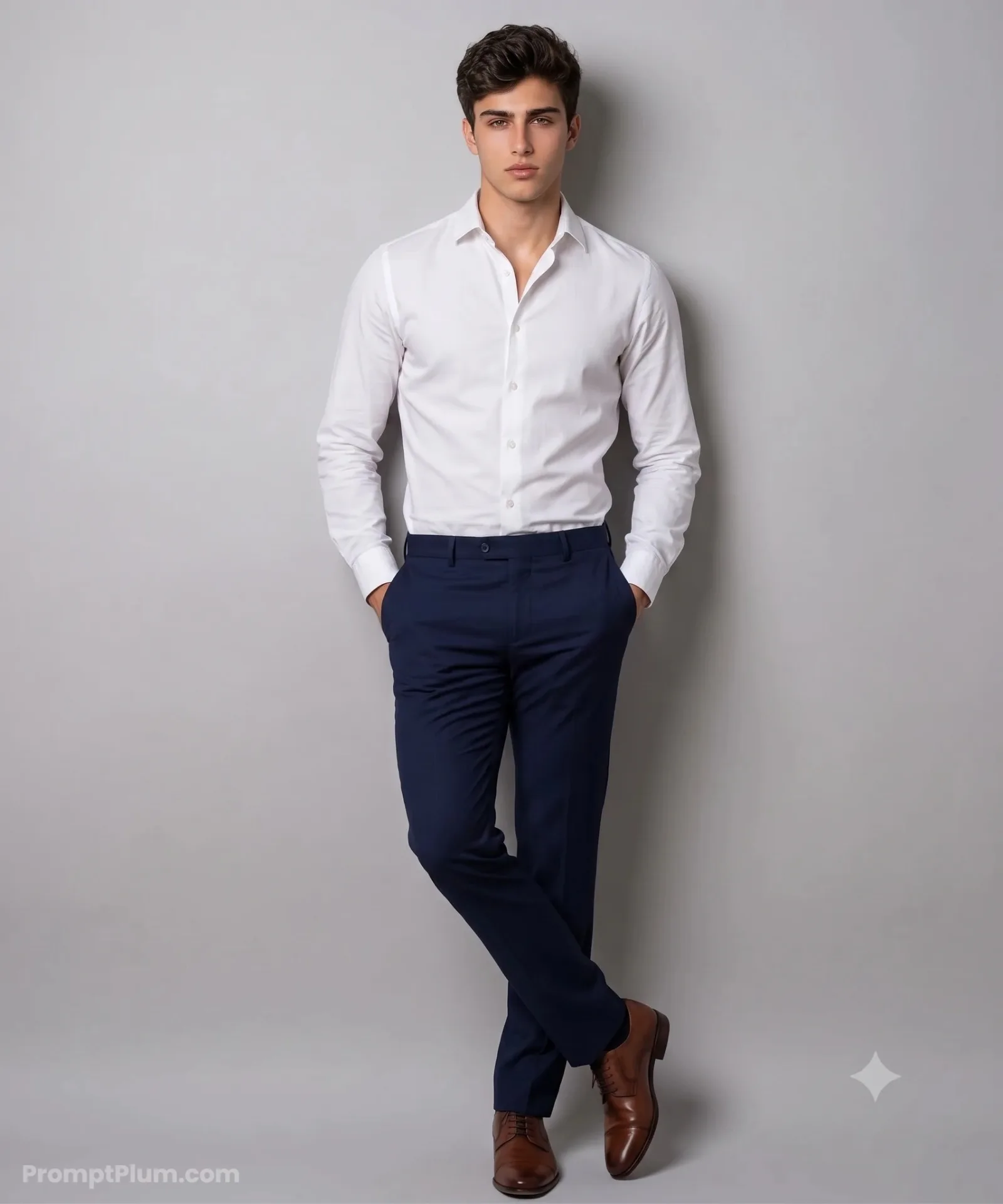 Create a hyper-realistic, studio-style full-body portrait of a man, standing against a smooth light grey seamless wall with a minimal,
