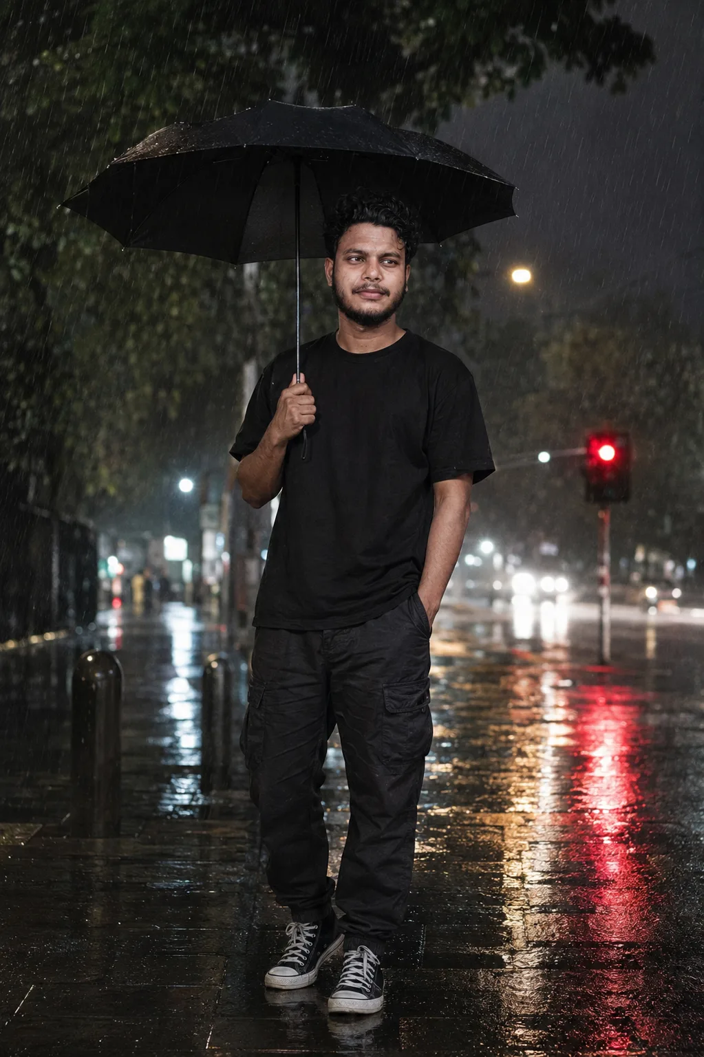 A full-body photograph captures a man with dark hair standing on a rain-slicked city street at night, holding an open black umbrella in his