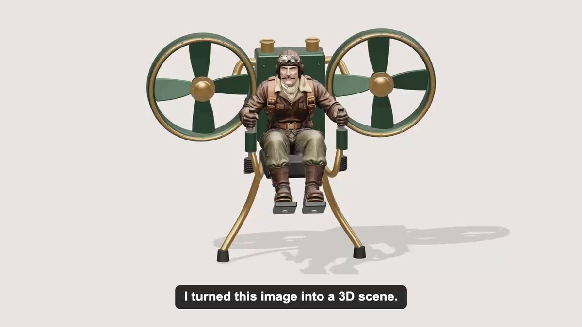 Tried an AI-generated 3D asset of a pilot with twin ring-fan flight frame.