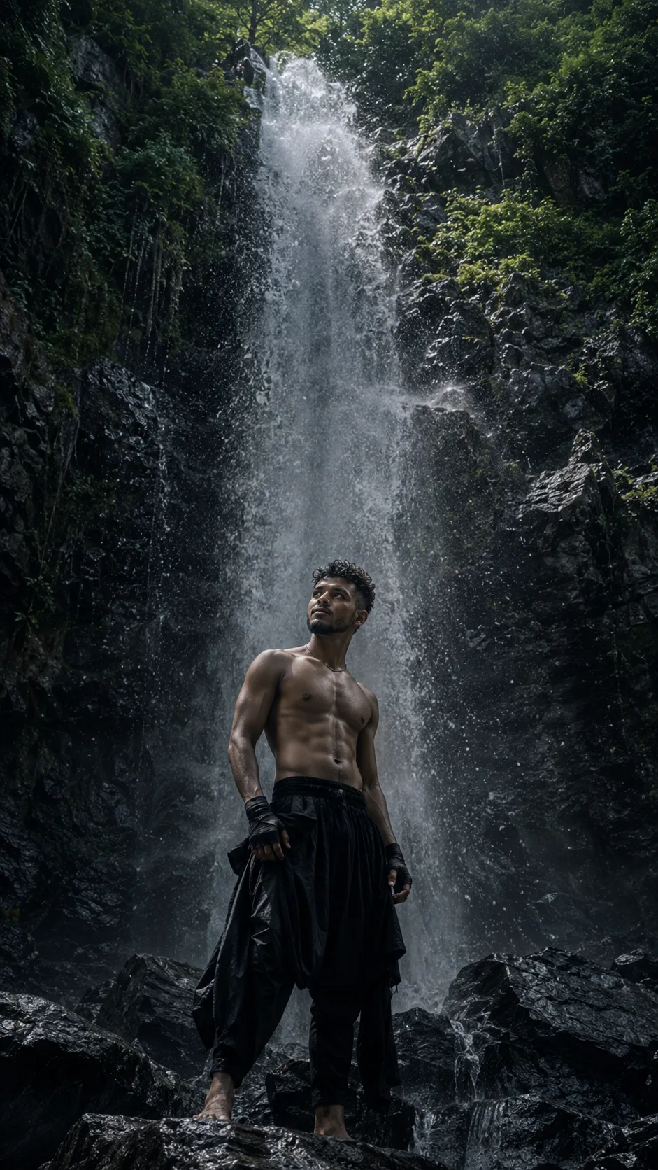 Create an ultra-realistic cinematic outdoor portrait of a young adult man standing beneath a powerful waterfall in a dense tropical forest.