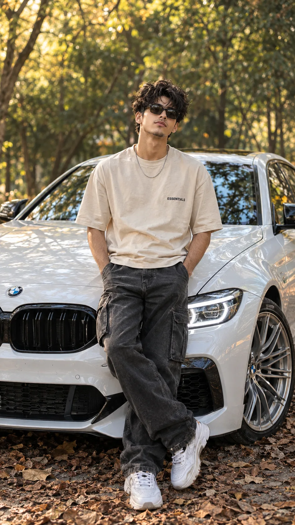 Create a highly photorealistic, cinematic full-body portrait of a stylish young South Asian man (early 20s) standing outdoors.
