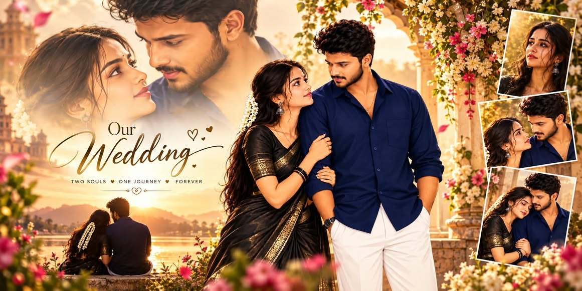 Use all uploaded photos to create a premium 4K wedding album cover in 16:8 ratio.