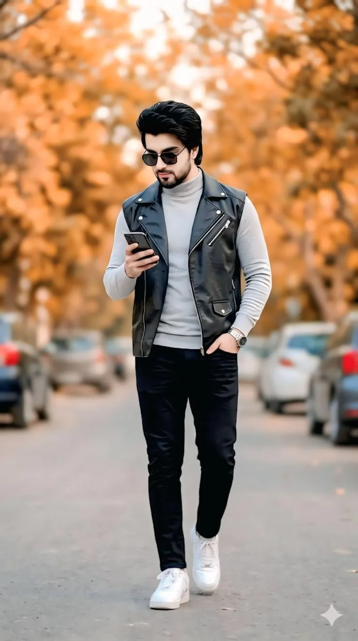 ### **Title: 🍂 Autumn Street – Stylish Black Vest Portrait** **Prompt:** > Ultra-realistic, high-resolution cinematic full-body portrait