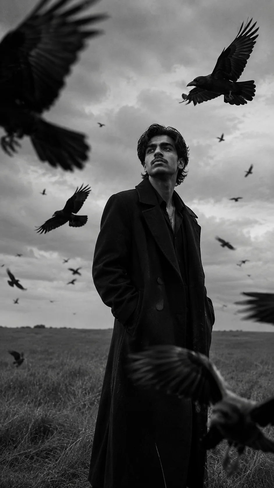 Create an ultra-realistic black-and-white cinematic editorial photograph closely recreating the reference image.