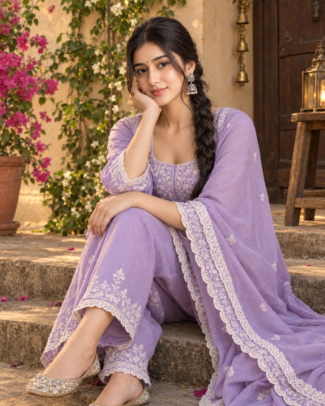 A realistic photograph of the person from the reference photo, sitting gracefully on outdoor stone steps in a relaxed pose with one arm