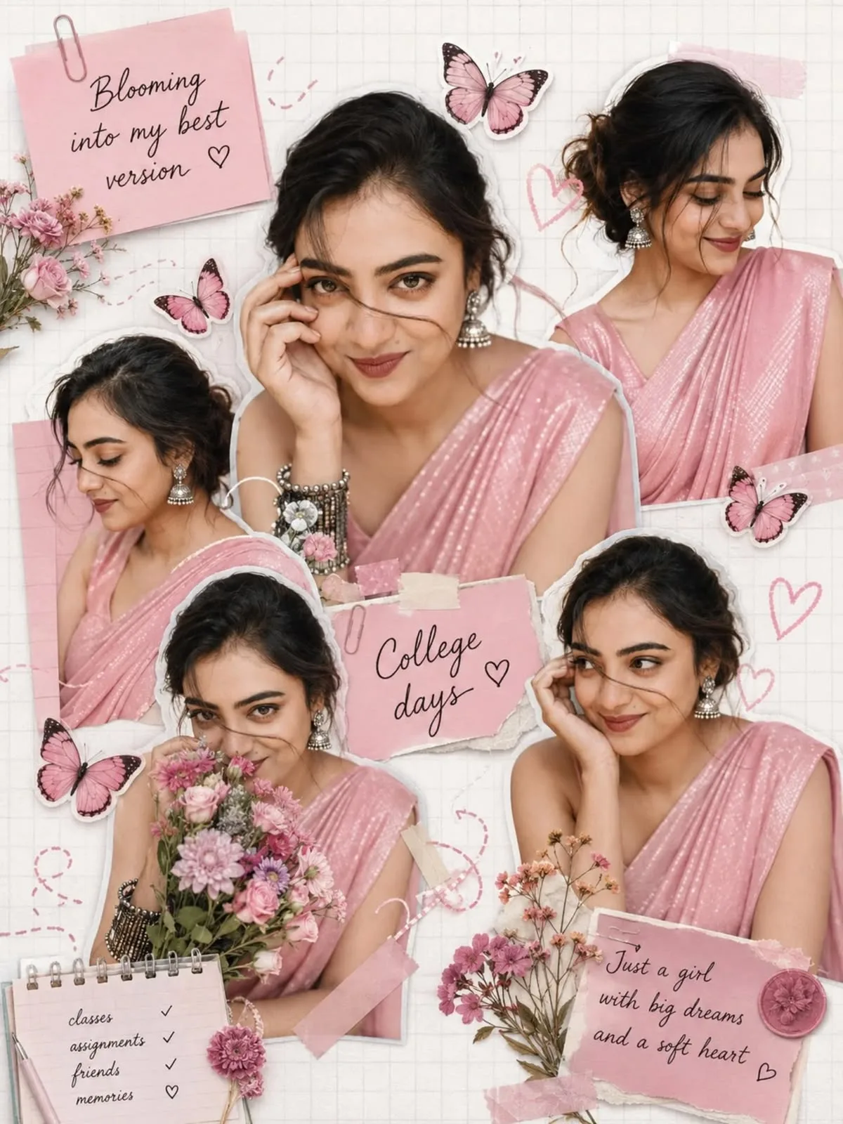 Create a dreamy ultra-realistic feminine college-memory collage featuring the same young Indian woman in multiple candid portraits, all