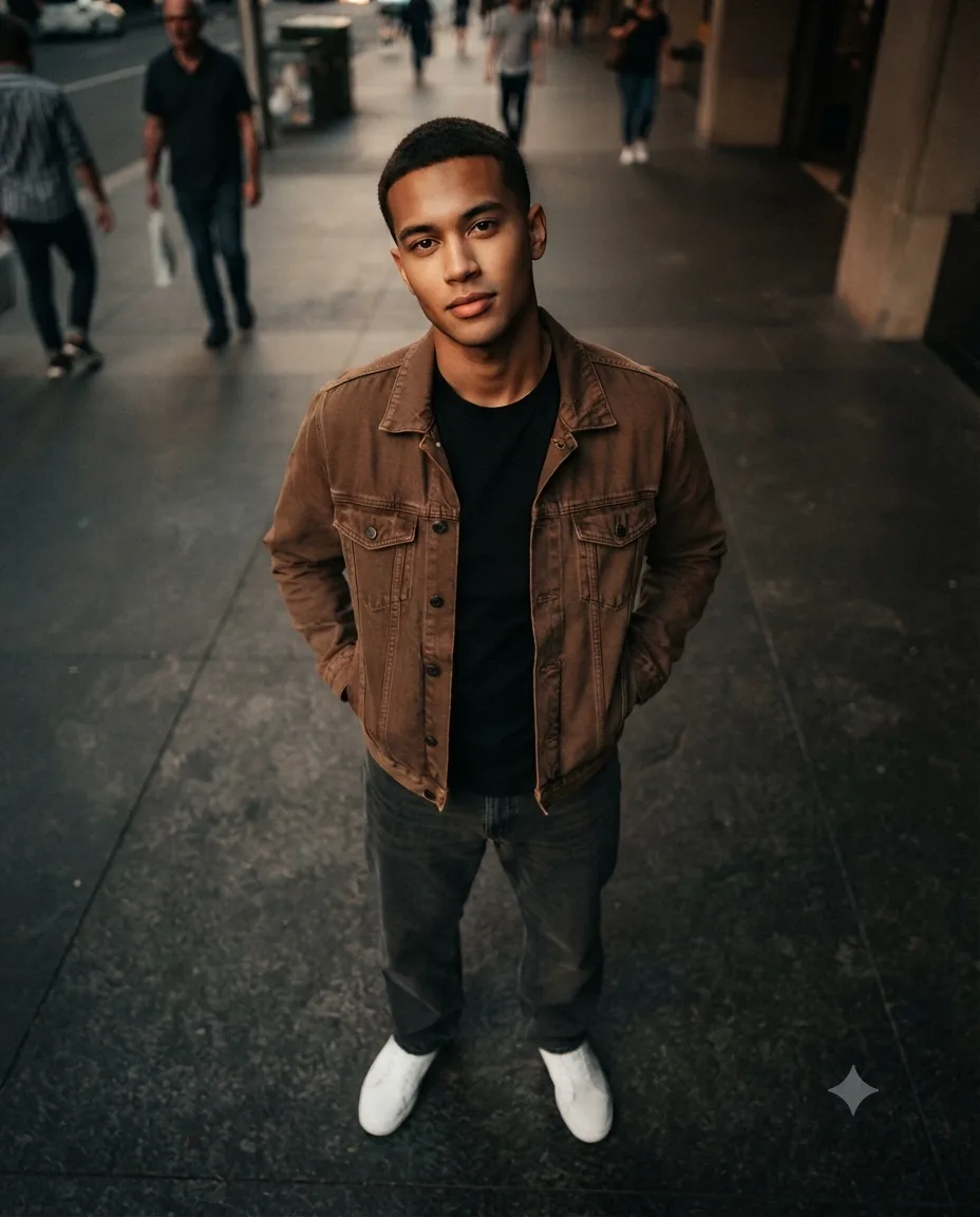 Photorealistic cinematic full-body fashion portrait of the person from the reference image, preserving their exact natural identity, facial