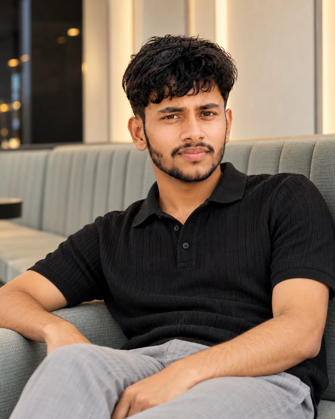 Ultra-realistic professional DSLR photograph of a slim young South Asian man seated casually on a modern upholstered bench in a refined