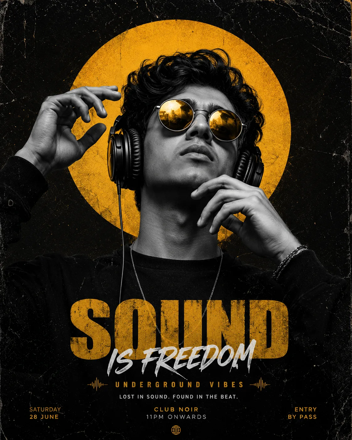 Create a dark, high-contrast poster with a moody underground club aesthetic.