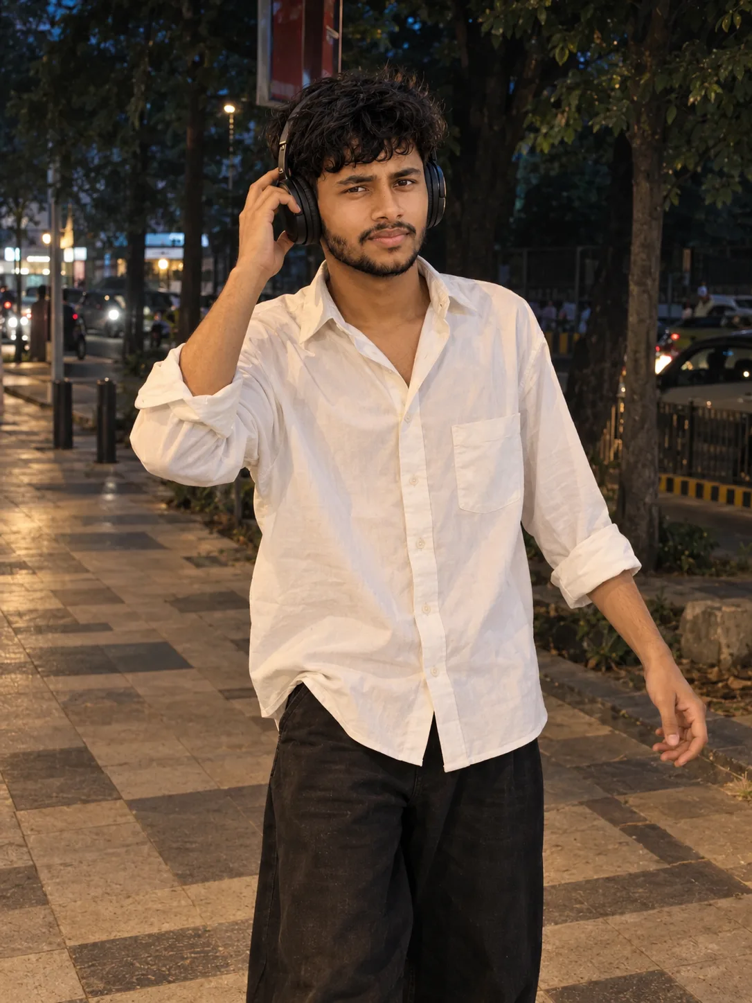 ULTRA-REALISTIC PROFESSIONAL DSLR PHOTOGRAPH, vertical 3:4 portrait of a slim young South Asian man standing casually on a tiled urban