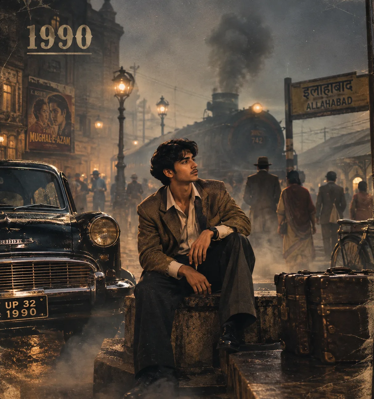 Create an ultra-realistic cinematic photograph with an authentic 1990s vintage aesthetic.