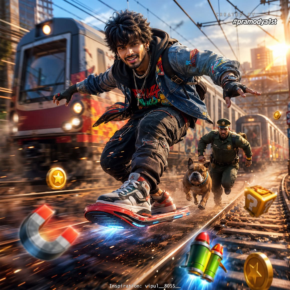 Create an ultra-realistic, photorealistic 8K IMAX Hollywood blockbuster action scene inspired by the iconic Subway Surfers universe,