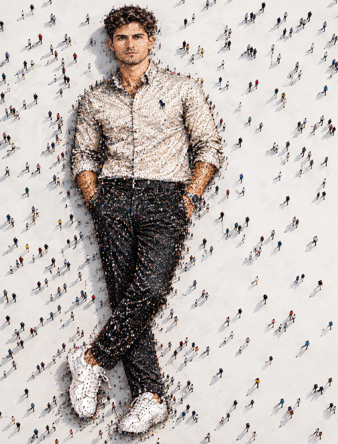 Ultra-detailed crowd mosaic portrait of a legendary football player, created entirely from thousands of tiny people standing and walking on
