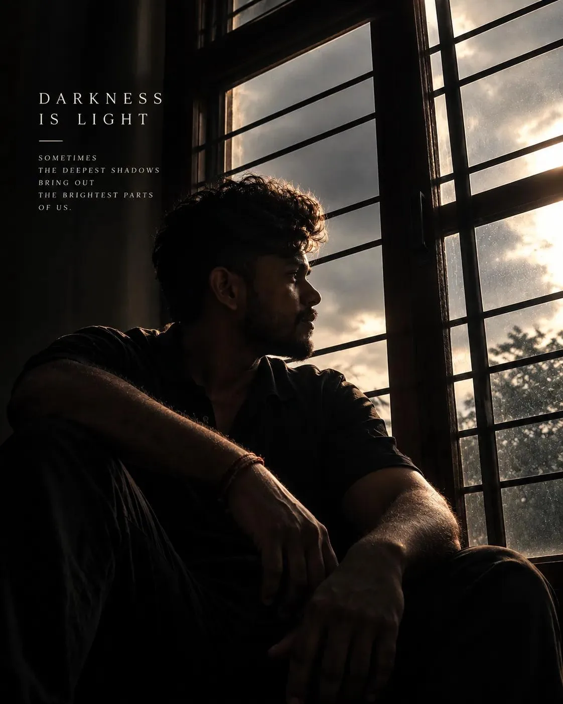 👉A cinematic low-angle portrait of a young man in deep silhouette, sitting indoors near a large wooden window with dark metal safety