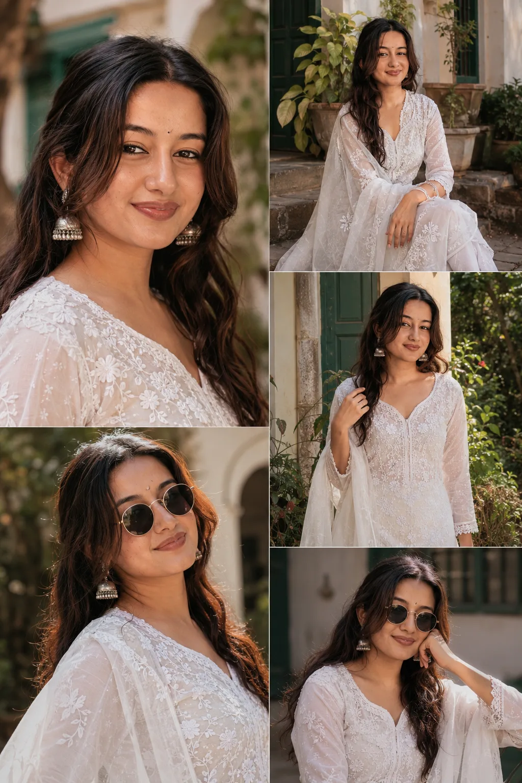 Prompt ✨ Same young woman in an elegant white chikankari salwar suit with floral embroidery, sheer dupatta, silver jhumkas and round