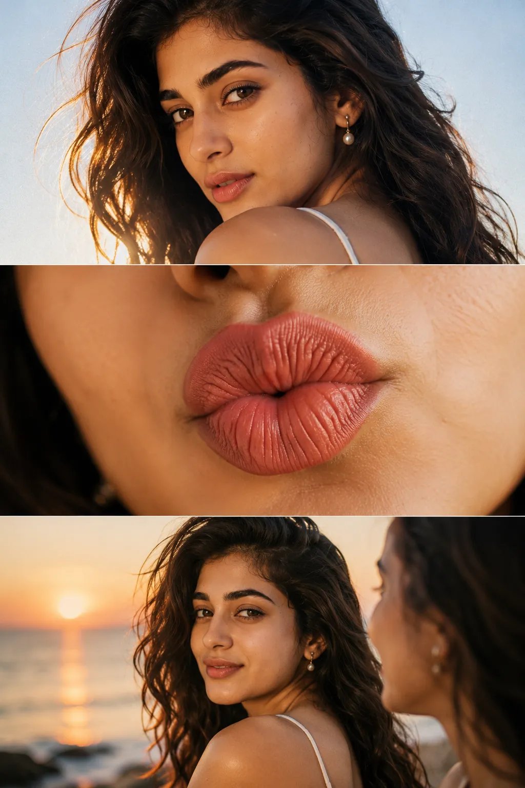Create a vertical 9:16 three-panel cinematic film triptych with a luxury beauty-commercial aesthetic.