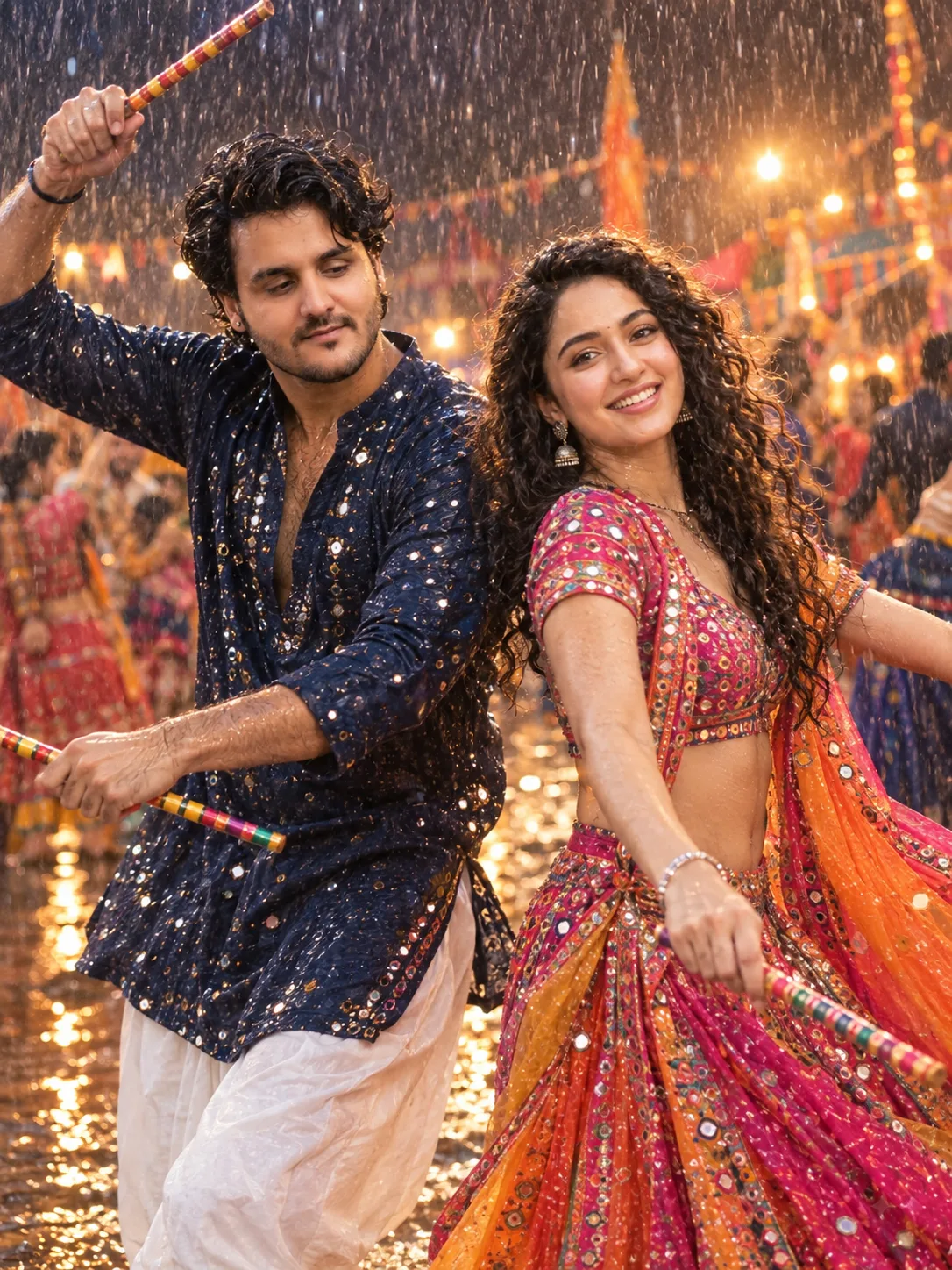 A beautiful Indian couple joyfully playing Garba in heavy rain during Navratri festival night.