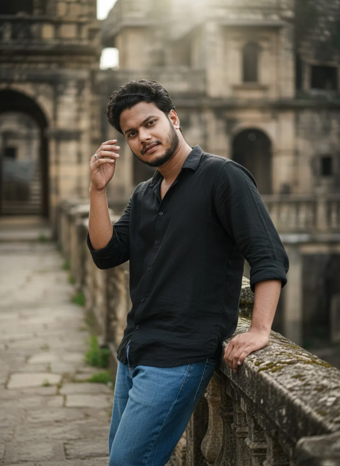 A cinematic medium shot of a 26-year-old South Asian man with dark curly hair and a neatly trimmed beard, leaning casually against an old