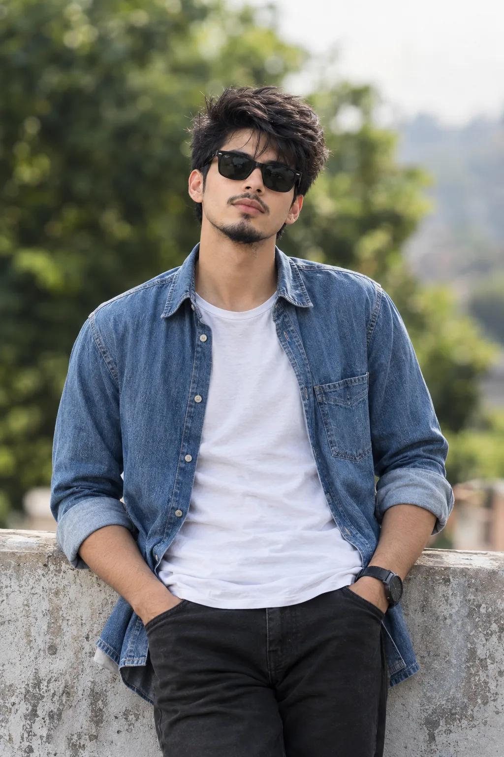 Stylish Young Man in Blue Denim Shirt and Sunglasses Leaning on Wall Outdoors