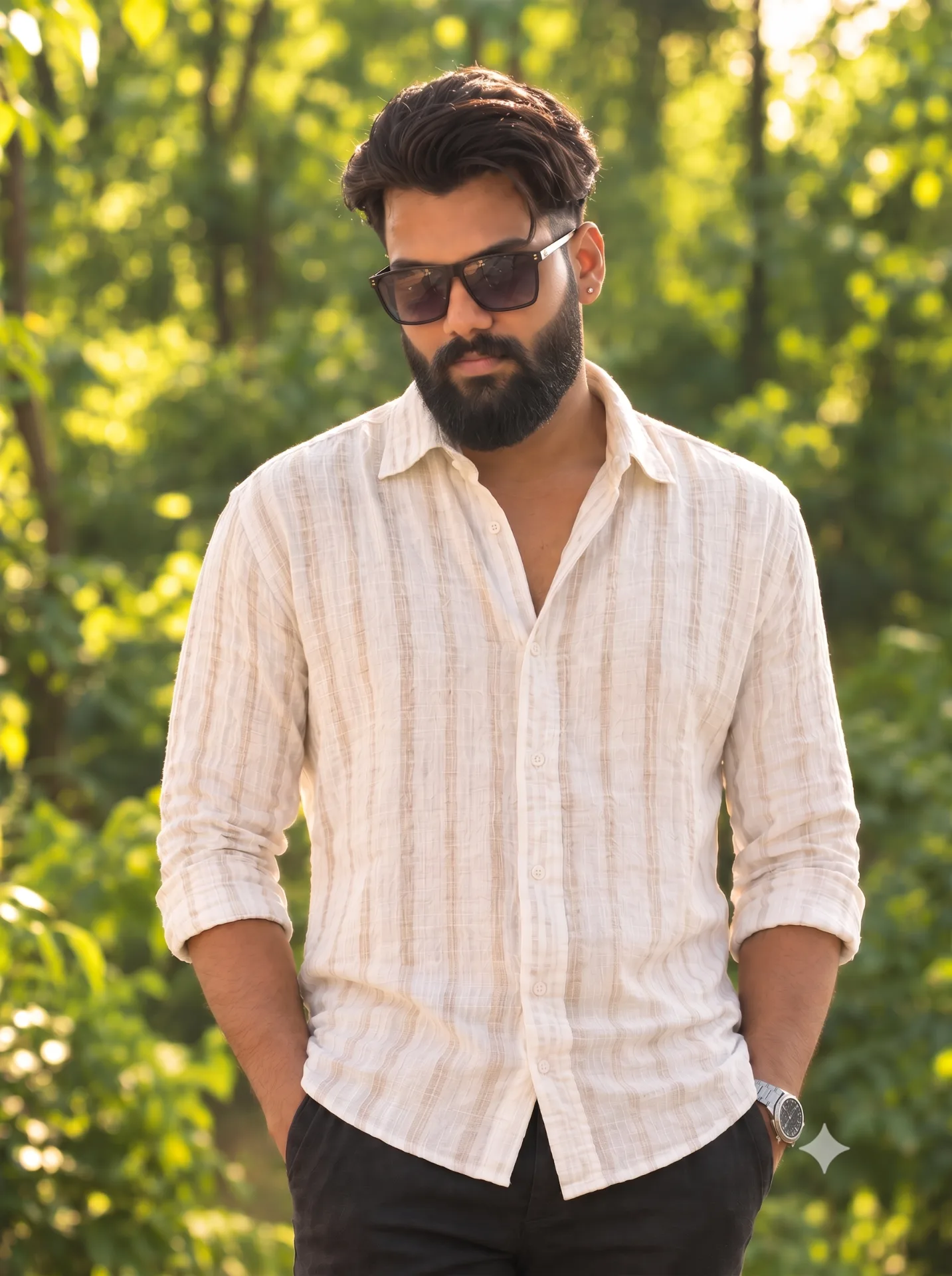 A medium, three-quarter length outdoor portrait photograph of a young, stylish South Asian man in a forest-like setting with dense, warm,