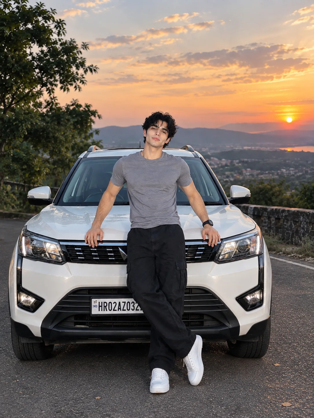 Create a highly realistic professional lifestyle photograph of a young man standing confidently in front of a premium white SUV during