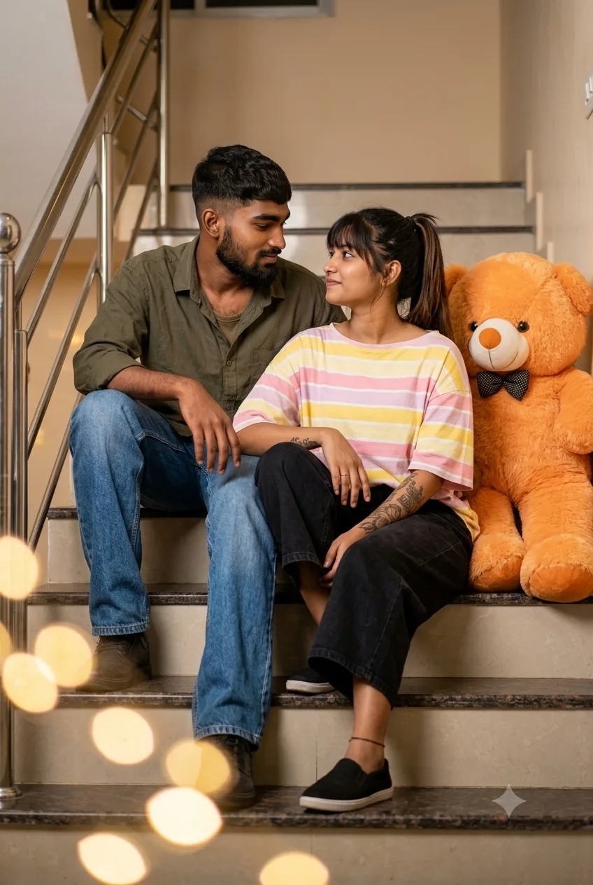 A photorealistic vertical full-length shot of the young South Asian couple seated on indoor tiled staircase steps, faithfully preserving
