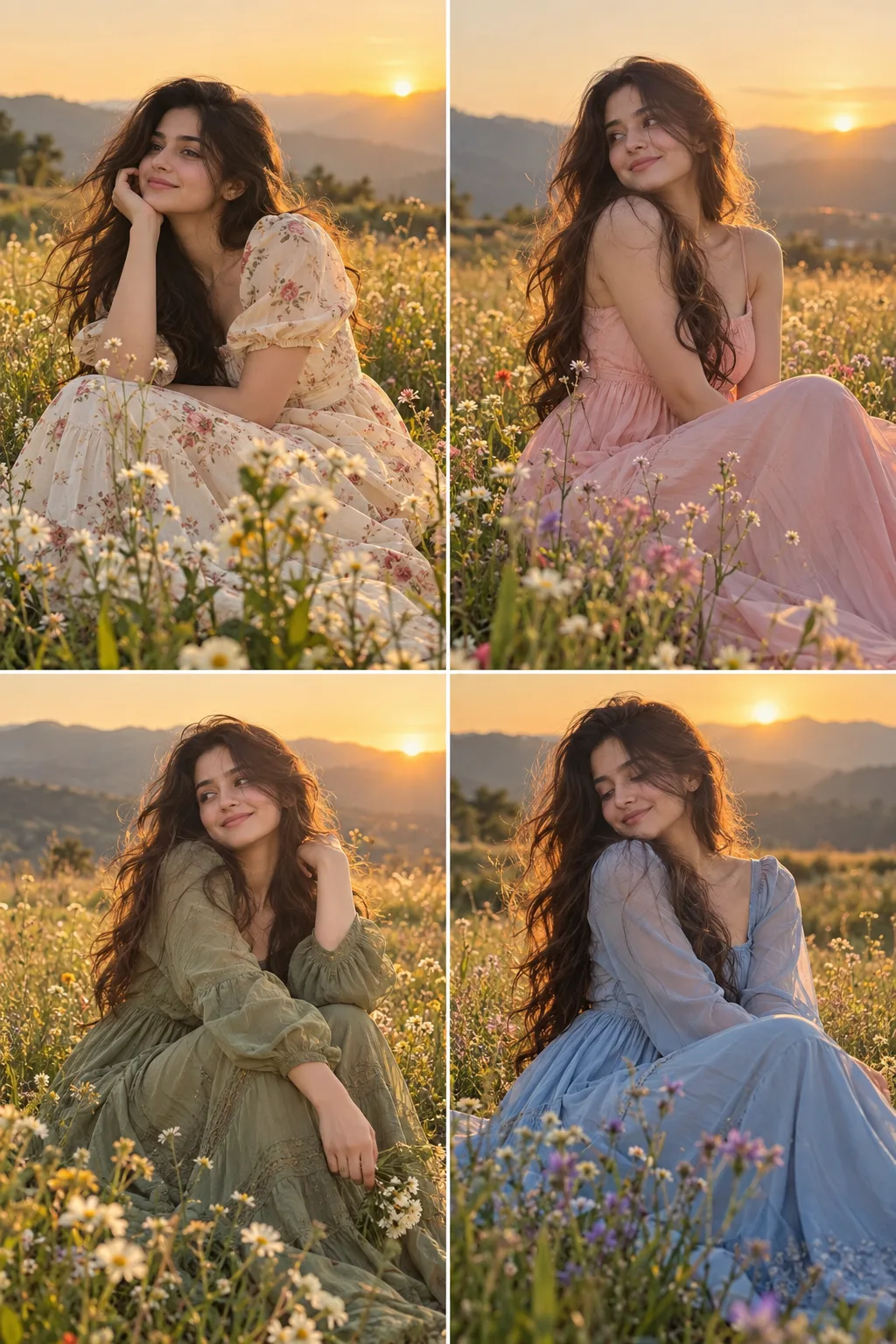 cinematic, split-panel photo sequence featuring the same young woman with long, flowing dark wavy hair, posing gracefully amidst a