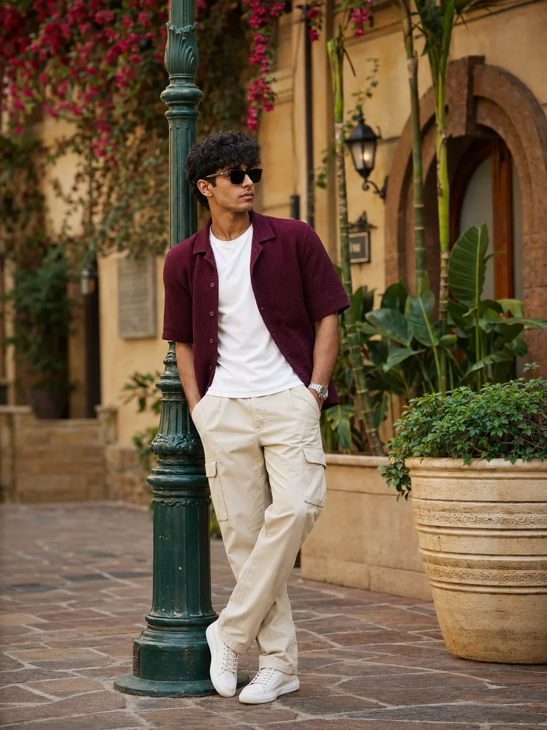 A hyper-photorealistic, 16K Ultra HD luxury resort menswear campaign photograph of a handsome young man with a fit, athletic build,