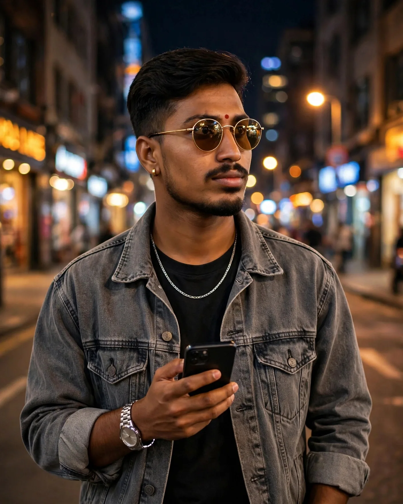 A stylish young man standing outdoors at night, looking slightly to the side with a confident, thoughtful expression.