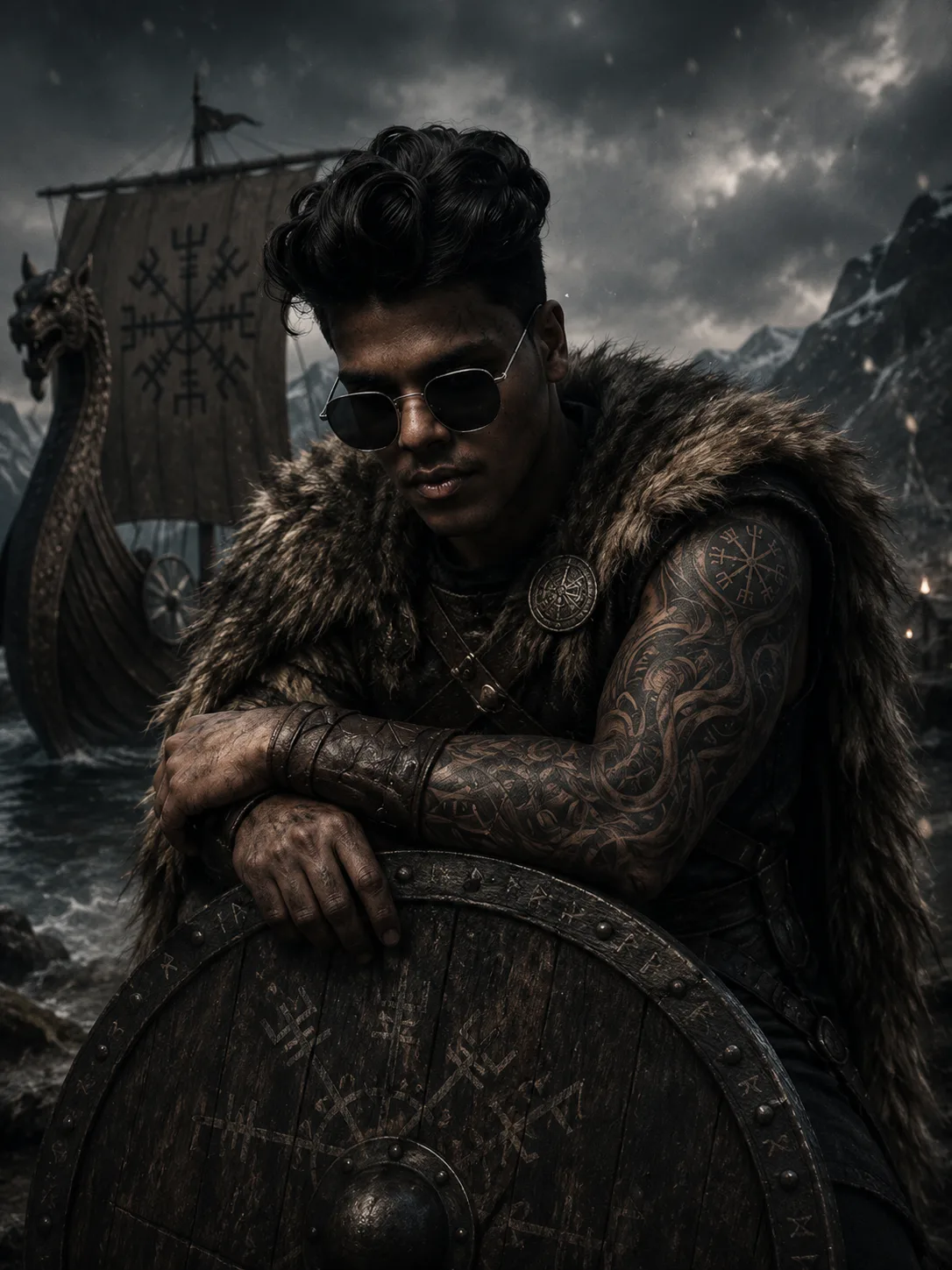 A dark cinematic fantasy portrait of a powerful young Viking warrior standing on a cold Scandinavian coastline, vertical 9:16 composition.