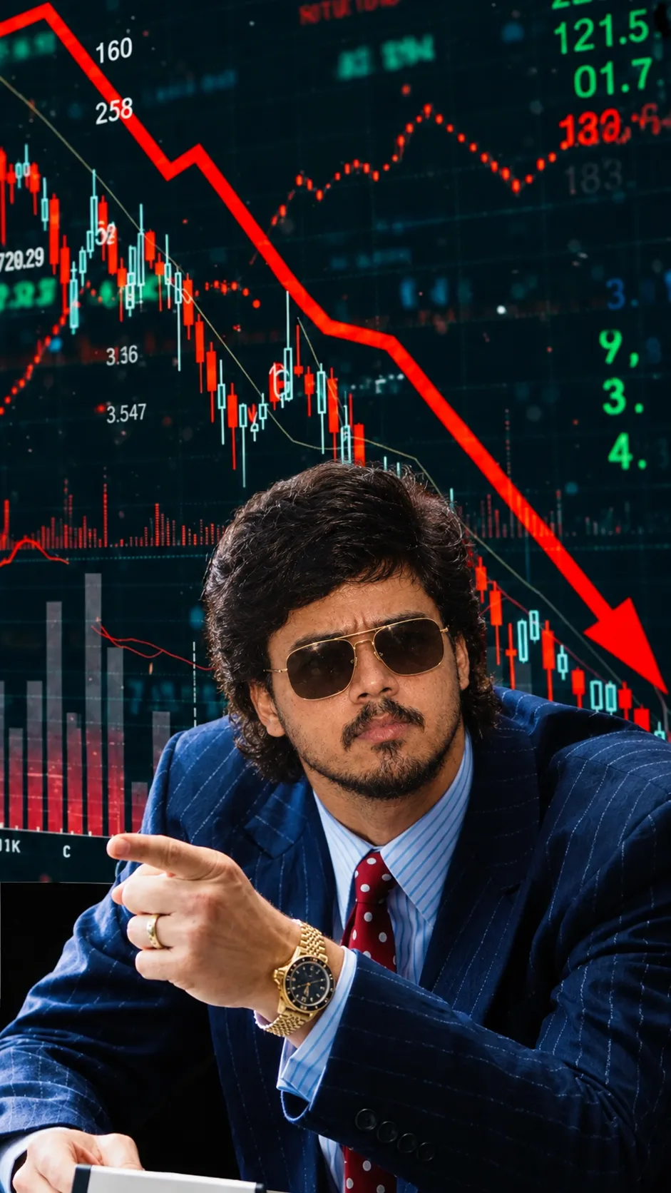 Create a cinematic, photorealistic financial-trading portrait of a confident young South Asian man leaning forward and pointing toward the
