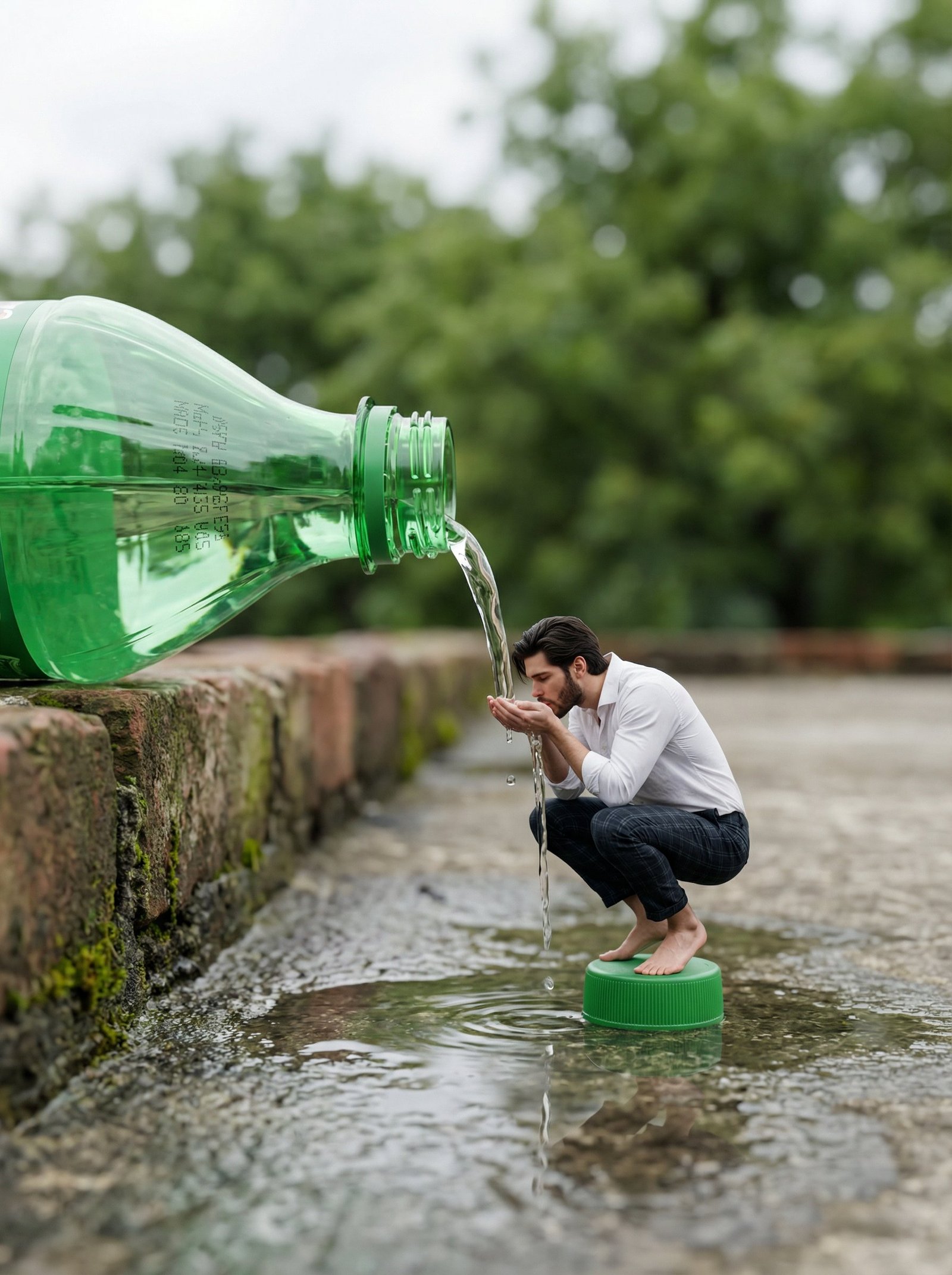 A surreal, photorealistic scene of a tiny adult man crouching barefoot on a green plastic bottle cap, cupping his hands to drink water