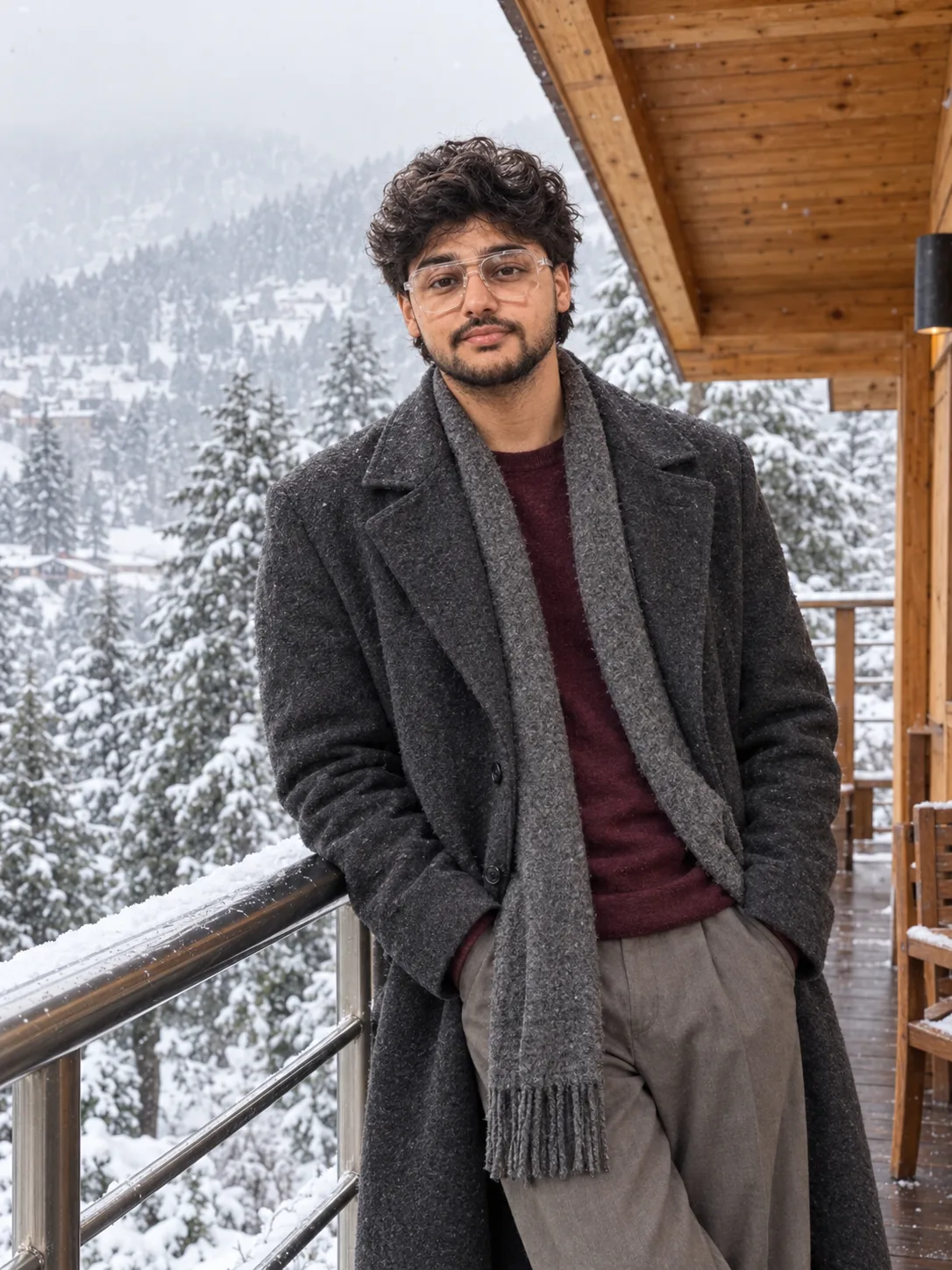"A serene winter travel portrait of a young man with short, thick black hair styled in a tousled, swept-up quiff with faded sides, light
