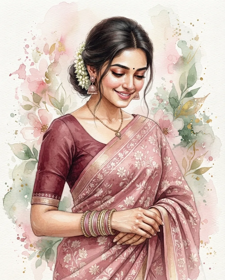 Beautiful young South Asian woman in a dusty rose-pink saree with ivory floral prints and wine-maroon blouse, looking down shyly with a