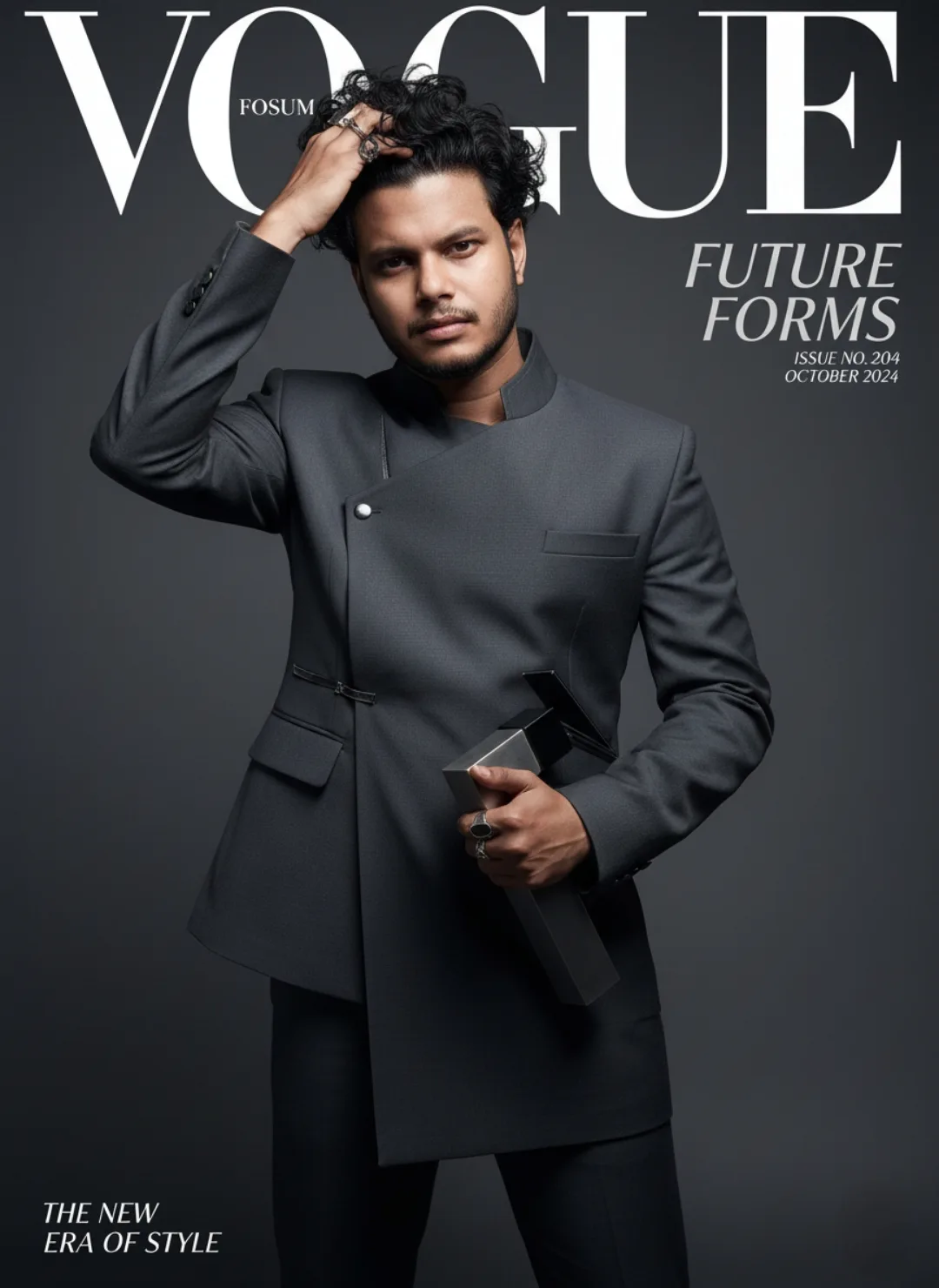 **Title:** **Prompt:** A high-fashion Vogue magazine cover photograph of a confident young South Asian man with curly black hair and a