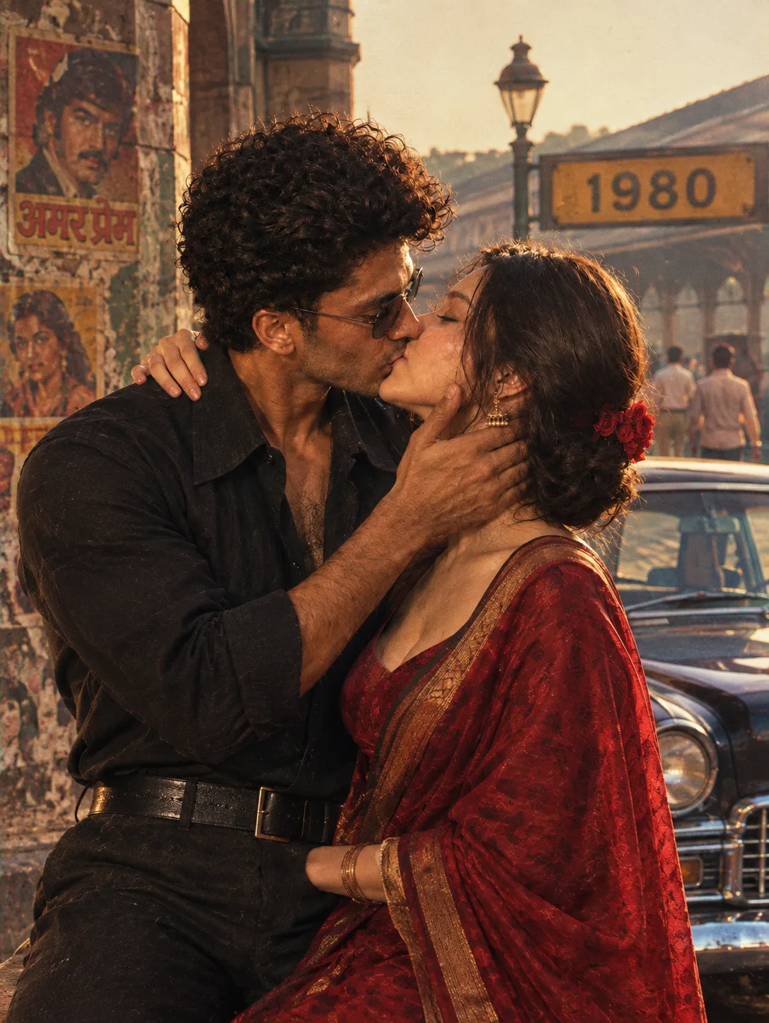 Create an ultra-realistic cinematic 1980s Bollywood romantic film still of a young South Asian couple sharing a passionate yet tender kiss.