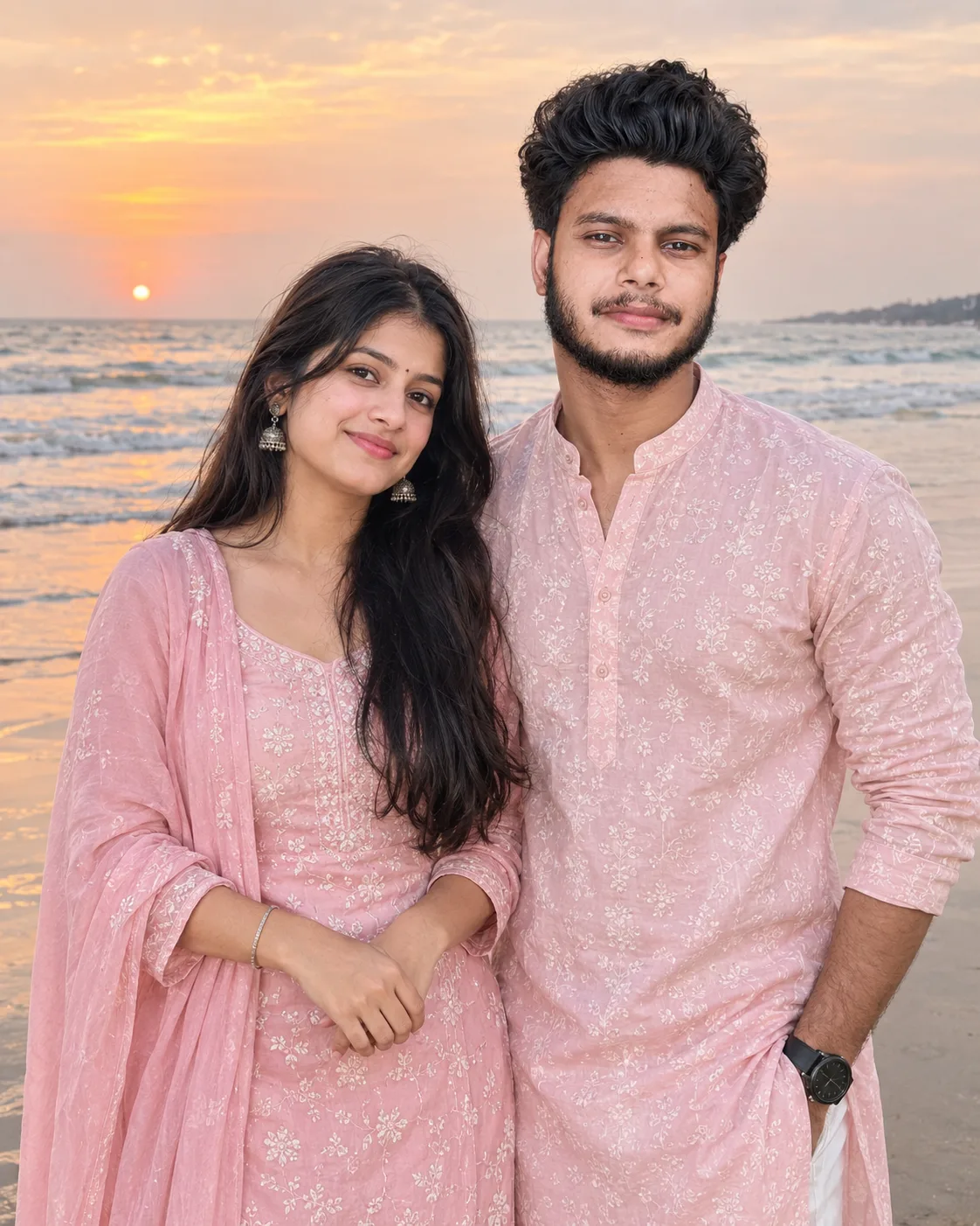 A professional portrait of a couple standing on a serene beach during sunset, maintaining strict facial feature and identity consistency