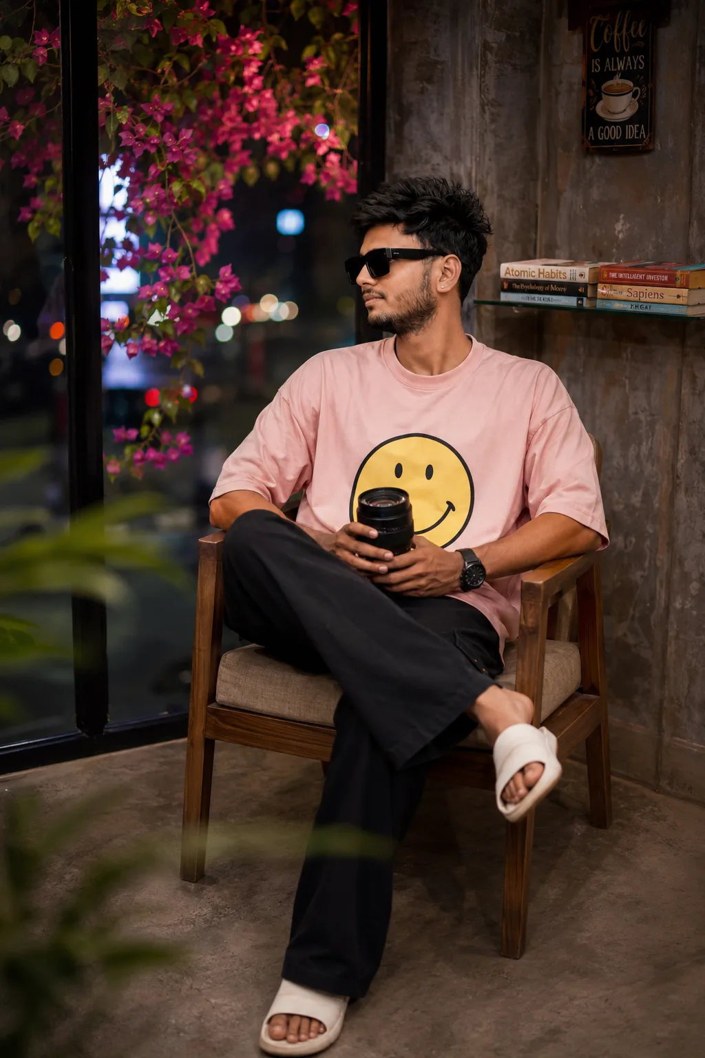 Create a highly realistic, cinematic full-body portrait of a stylish young man sitting casually and confidently on a modern wooden armchair