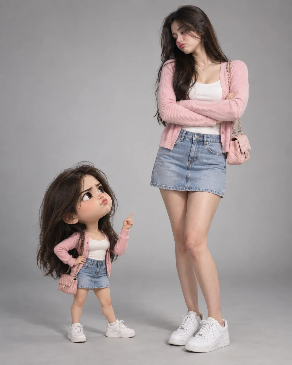 Create a high-resolution, ultra-realistic studio composition in a 4:5 vertical aspect ratio, featuring a real woman standing beside a