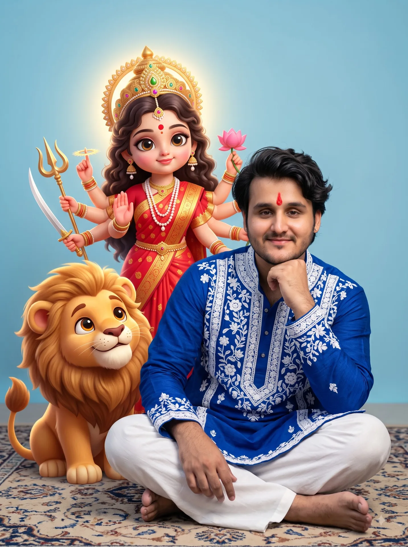 A handsome 24-year-old Indian man sitting cross-legged on the floor against a solid light blue background, wearing a beautiful royal BLUE