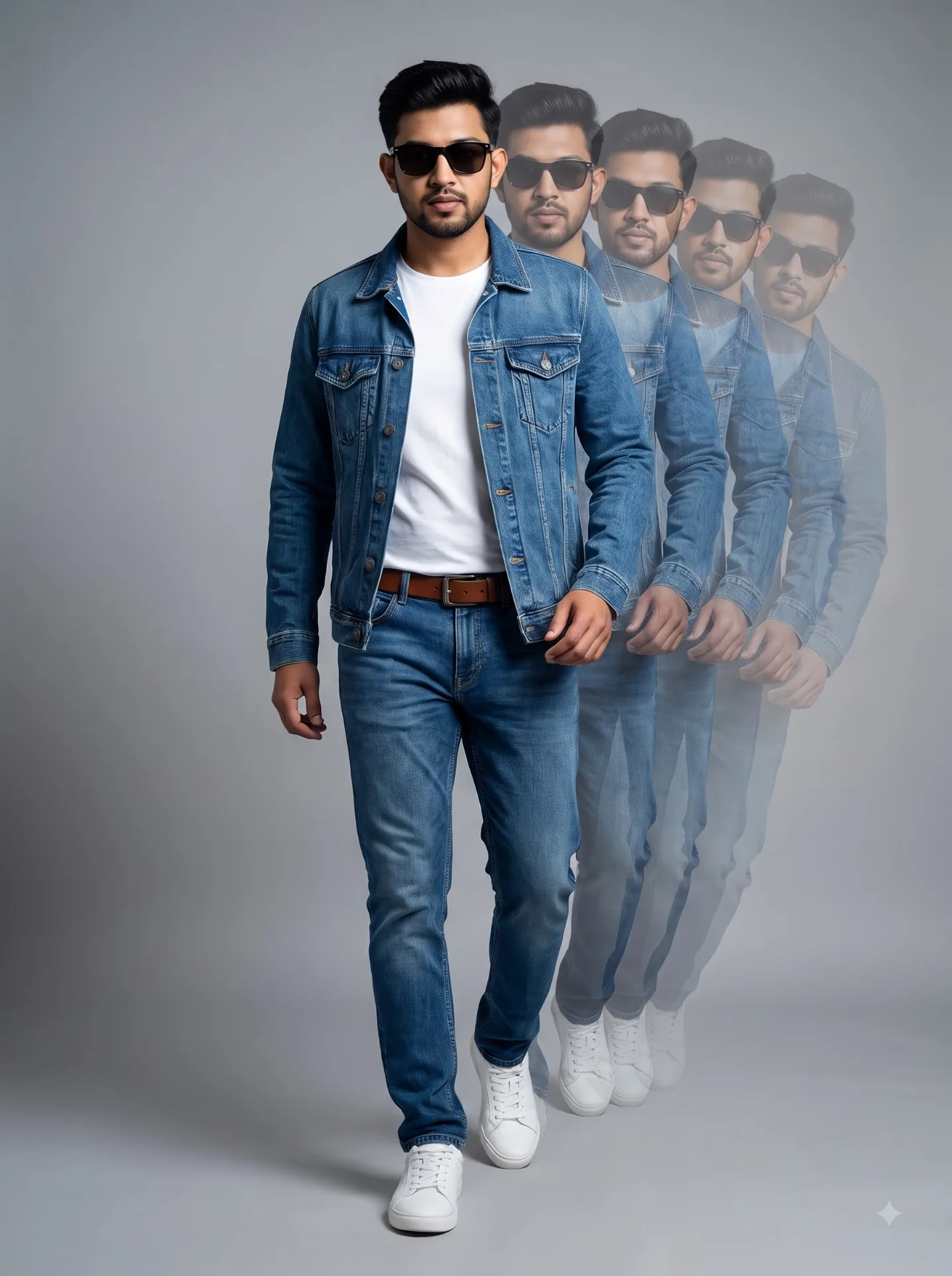 A full-body fashion studio portrait of a young man with same hair, dark sunglasses, and a stubble, walking forward toward the camera.