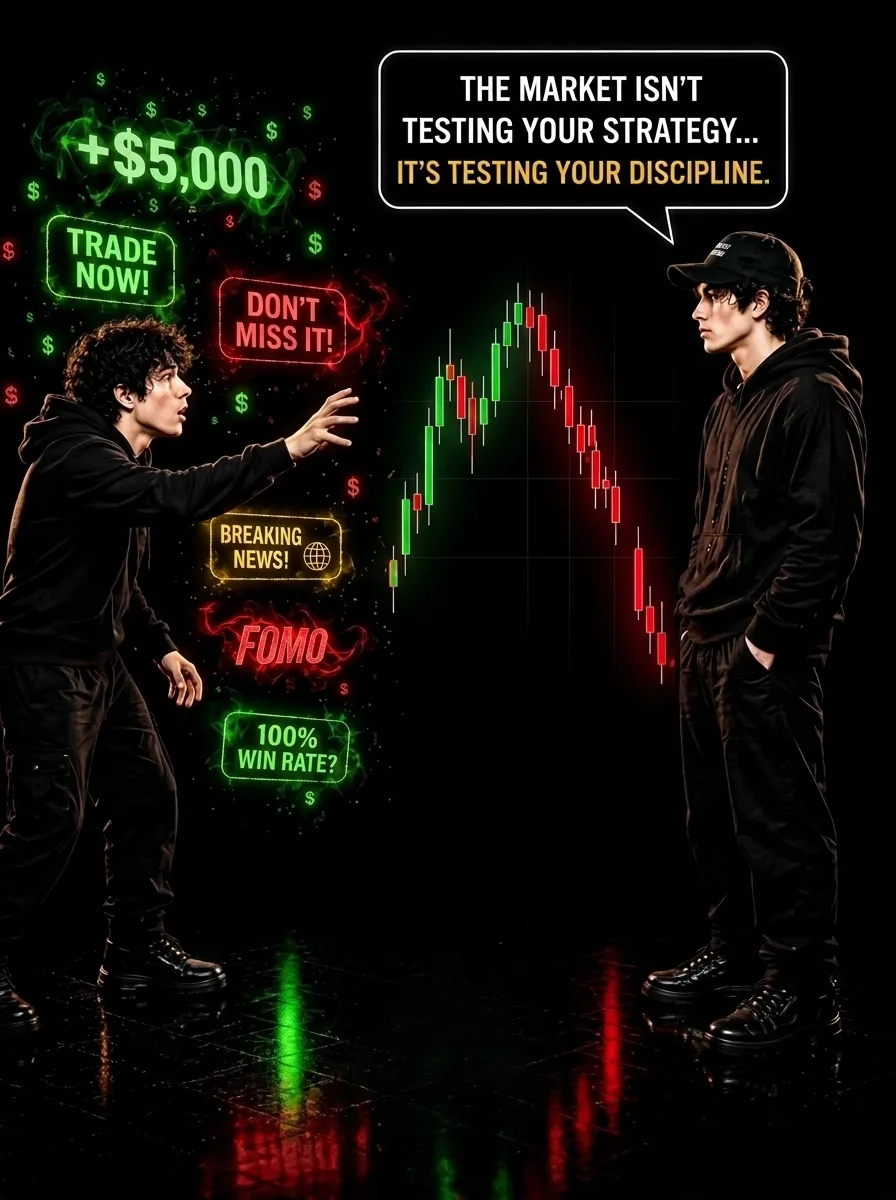 A high-contrast trading concept poster with a dark background.