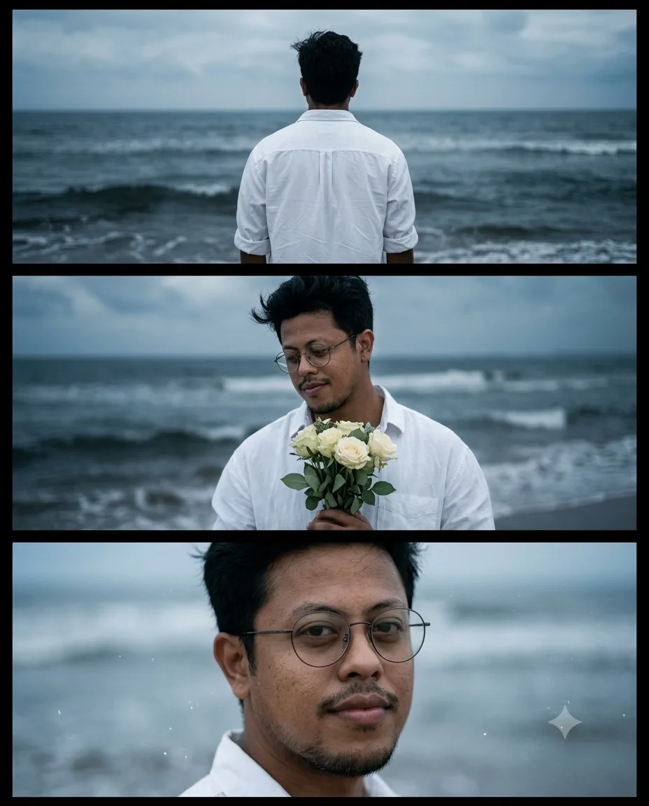Create an ultra-realistic cinematic **three-panel photographic portrait collage** of a young South Indian man standing alone beside a moody