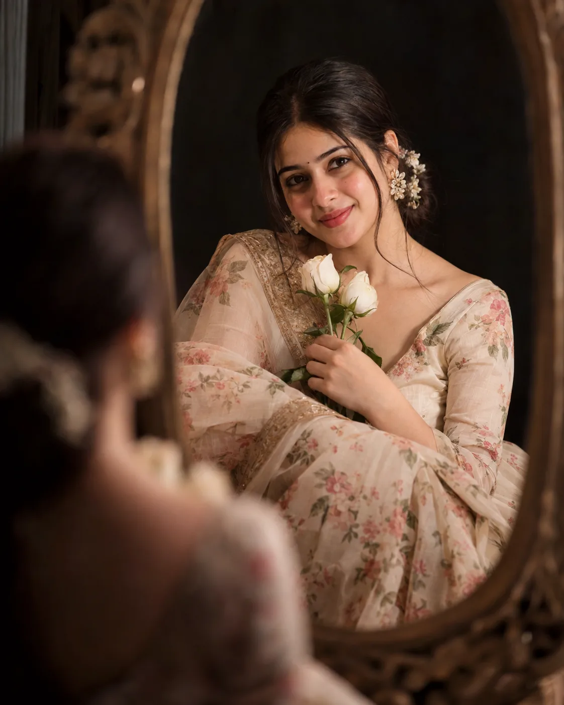 Ultra-realistic cinematic portrait of a young Indian woman in a soft beige/cream floral saree, sitting gracefully and looking directly at