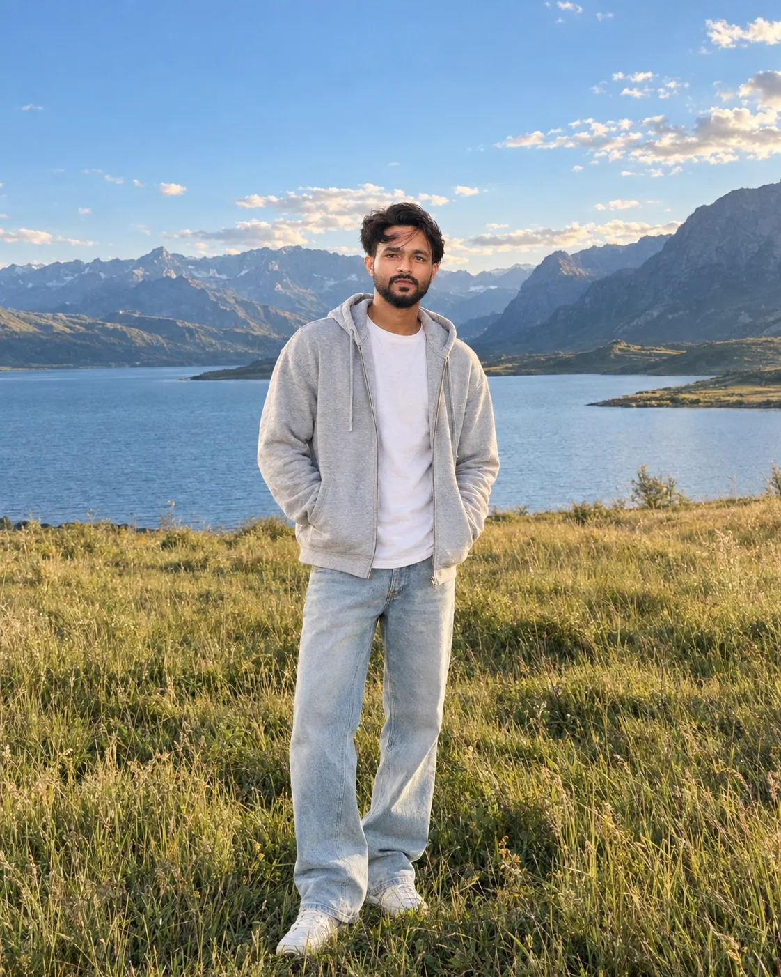 Create an ultra-photorealistic, high-end cinematic travel fashion photograph of a stylish young South Asian man standing casually in a vast