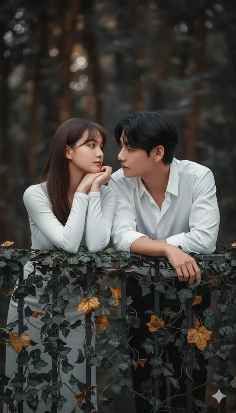 A professional, high-end cinematic romance portrait photograph capturing an intense and soft moment of eye contact between a young East