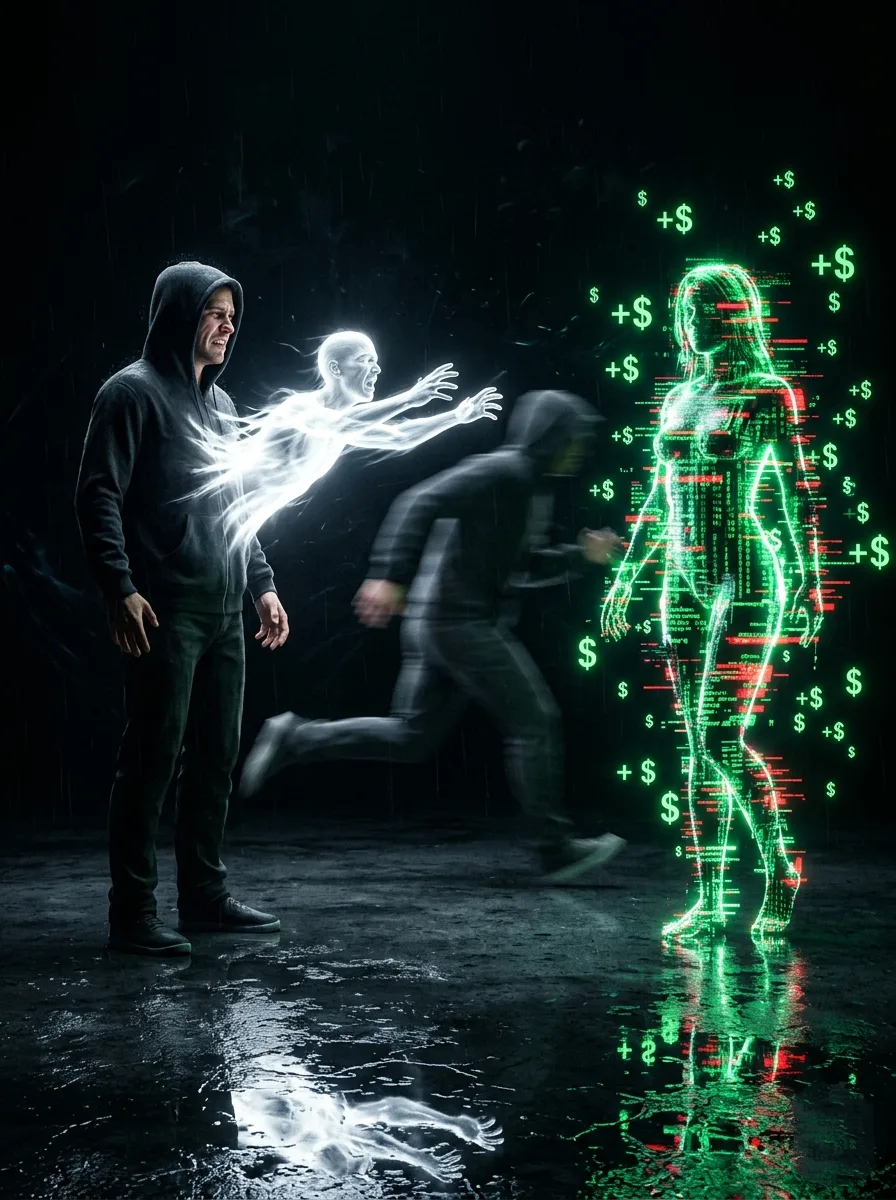 A surreal digital art of a man standing on the left in a dark hoodie, his glowing white energy soul leaving his body and desperately